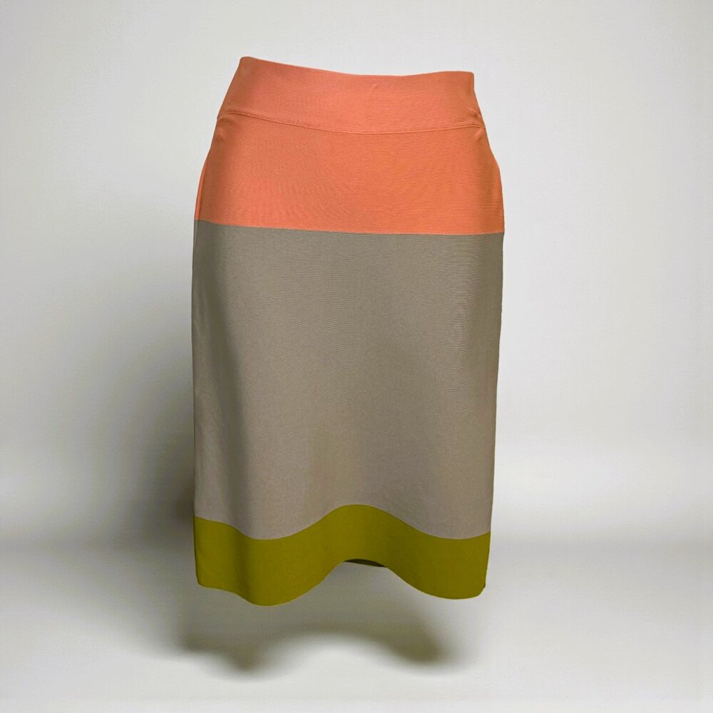 BCBG Max Azria Colorblock Bandage Skirt Bodycon Pencil Stretch Pink Beige Size L - Picture 2 of 6